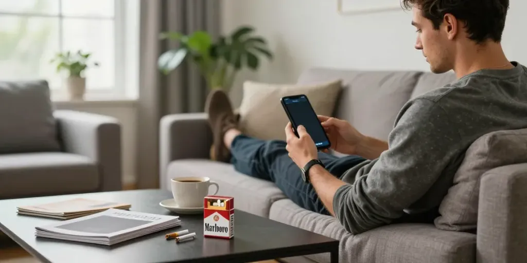 Buy cheap tobacco online Australia with a man relaxing and browsing cigarette options in a stylish living room.